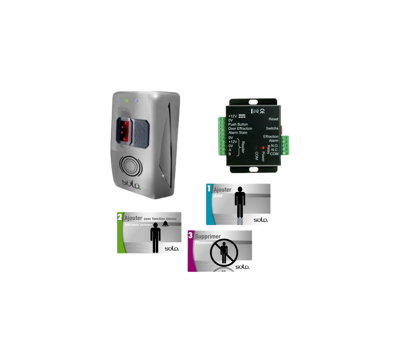 Pack: 1 lecteur biométrique autonome SOLO + 1 jeu de 3 cartes programmation + 10 badges Mifare
