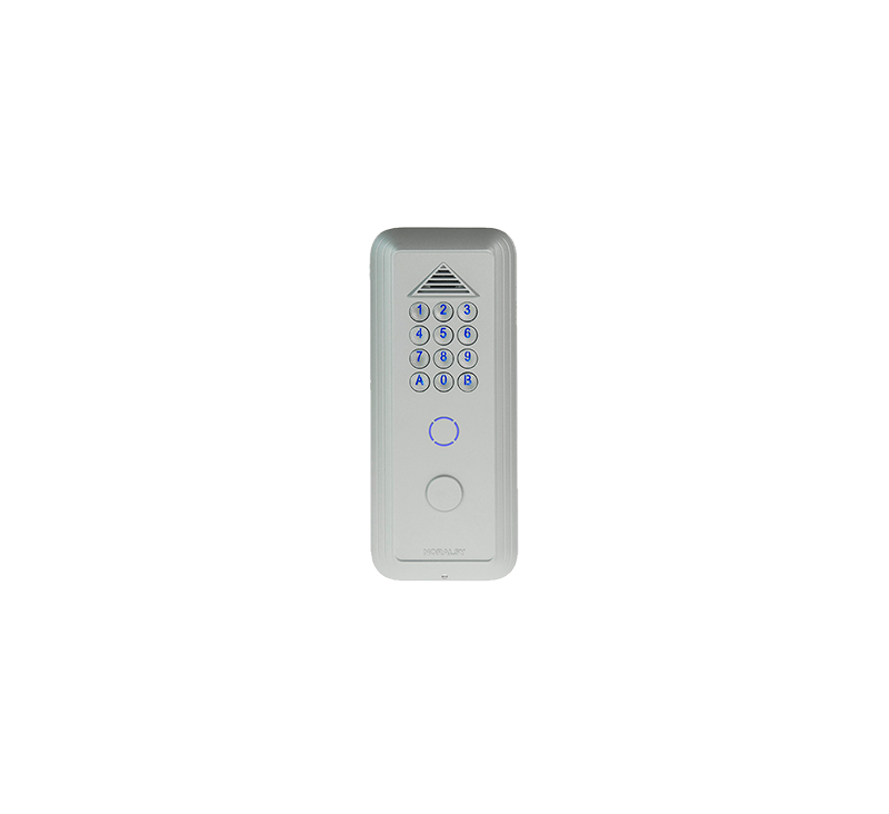 Portacode ANDY-Zamak argent encastrable-2 relais-Touches rétro-éclairées 16 mm braille-Synthèse vocale-Leds-Trou bouchonné